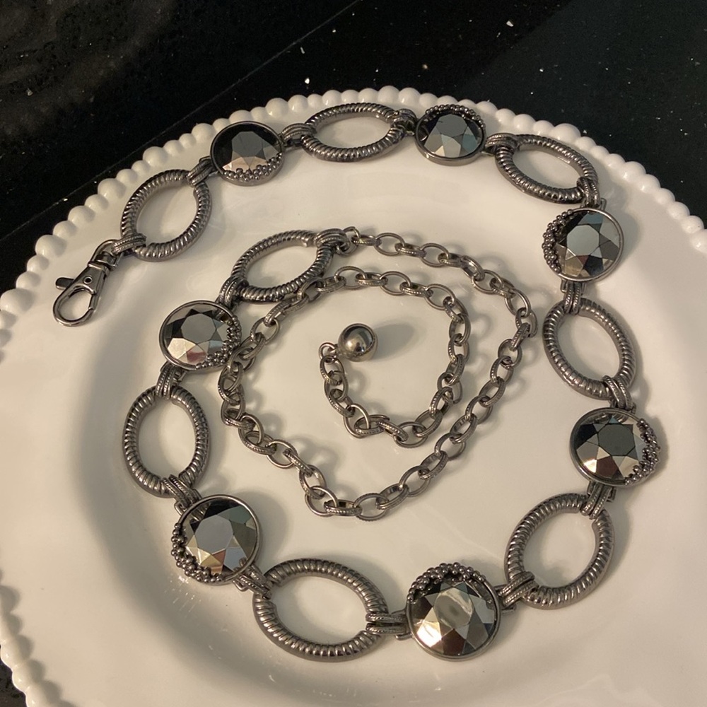 *Metallic Matte Silver Gunmetal Beveled Crystals Carved Adjustable Belt